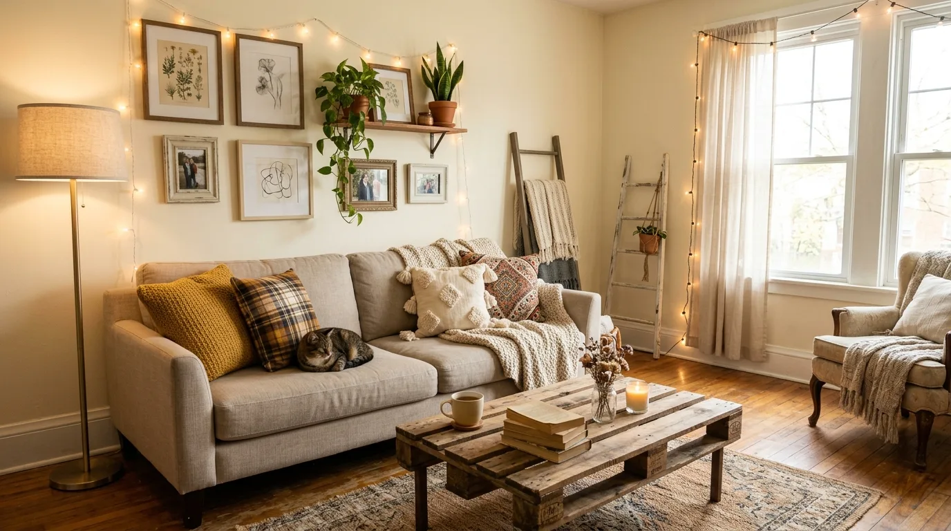 Budget cozy living room decor with simple furniture, thrifted cushions, fairy lights, and small rug